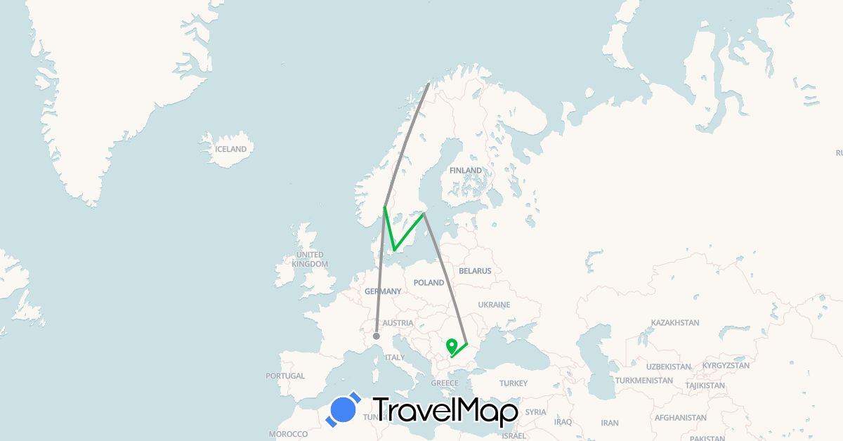 TravelMap itinerary: driving, bus, plane in Bulgaria, Denmark, Italy, Norway, Romania, Sweden (Europe)